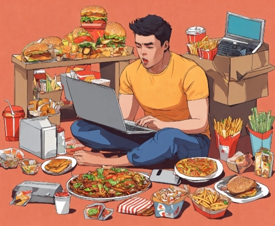 Food, Laptop, Sharing, Cuisine, Fast Food, Dish