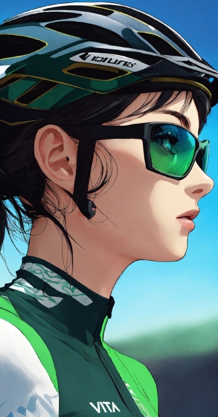 Glasses, Hairstyle, Eyebrow, Bicycle Helmet, Green, Facial Expression