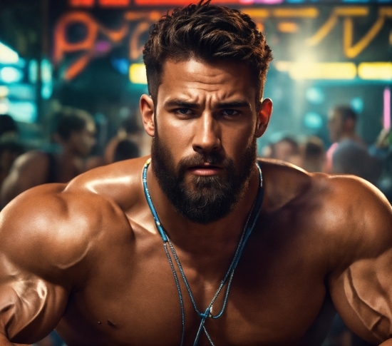 Hairstyle, Muscle, Human, Neck, Beard, Vest