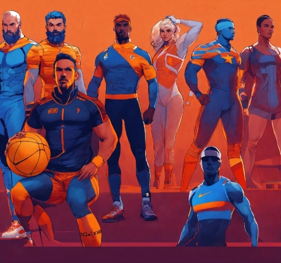 Muscle, Cartoon, Blue, Orange, Basketball, Sleeve