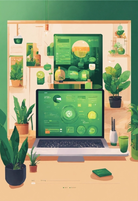 Plant, Computer, Personal Computer, Green, Table, Laptop