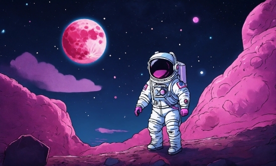 World, Purple, Moon, Astronaut, Pink, Art