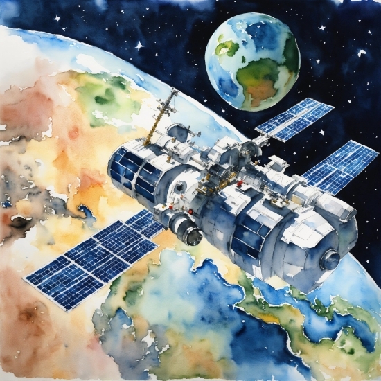 World, Satellite, Space Station, Astronomical Object, Paint, Art