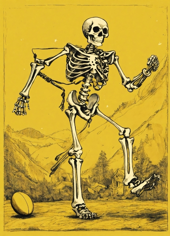 Yellow, Gesture, Art, Font, Skeleton, Bone
